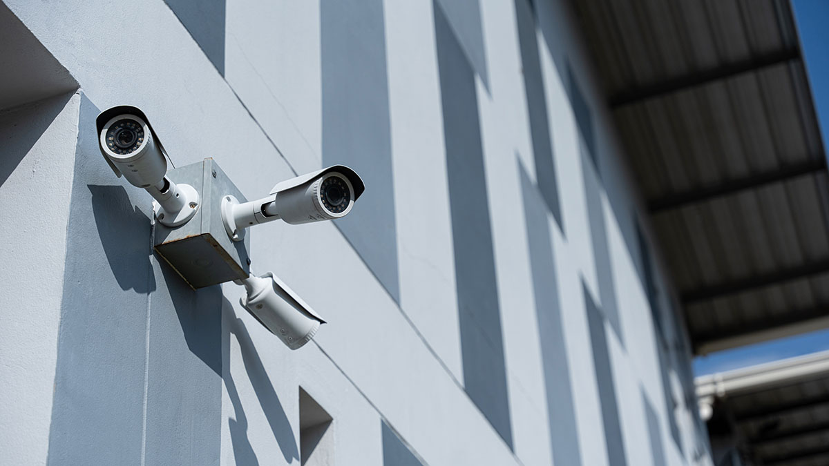 Security Surveillance Camera In Front Of Office Building. Cctv,